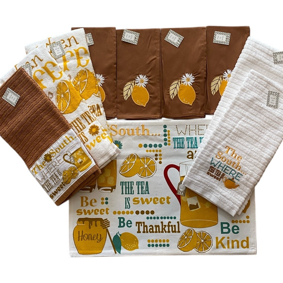 13 Pc Set Sweet Tea 4 Placemats 4 Napkins 5 Absorbent Towel Set Lemon Daisy - Picture 9 of 10